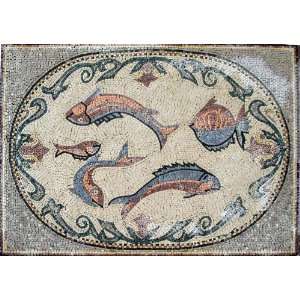    34x48 Fishes Marble Mosaic Art Tile Mural