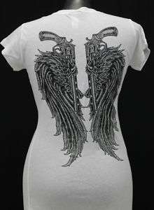 WOMENS GUNS WITH ANGEL WINGS WHITE T SHIRT $9.99 S 2XL  