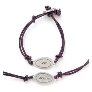 DREAM in Hebrew & English Pewter & Leather Bracelet by Emily Rosenfeld