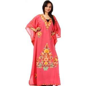  Rose Pink Kashmiri Kaftan with Embroidered Flowers   Pure 