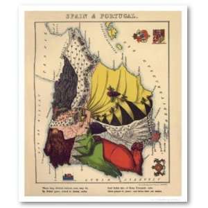  Spain Portugal Caricature Map 1868 Print