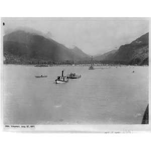  Skaguay,Aug. 27,1897,barges,derrick on lake,LaRoche