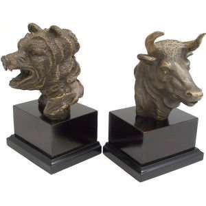  Stock Market, Bronzed Metal on Wood Bookends, tarnish 