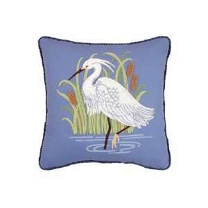  16 Hooked Throw Pillow with Snowy Egret on Blue Canvas 