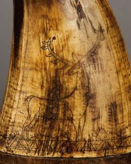 engraved powder horn 18th century with hunting scenes  