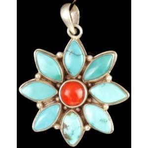 Turquoise Flower Pendant with Coral   Sterling Silver