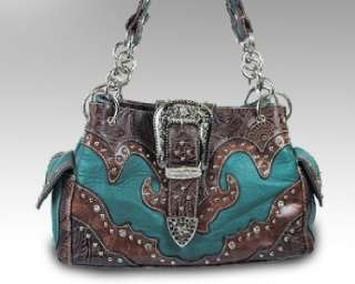   Western Cowgirl Rhinestone Buckle Tooled Shoulder Handbag Purse  