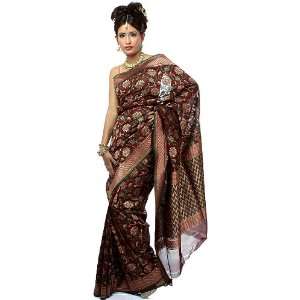 Brown Jamdani Sari from Banaras with Woven Flowers in Copper Colored 