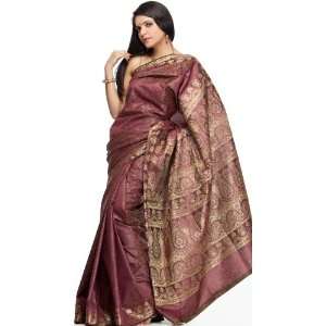 Cordovan Tanchoi Sari from Banaras with All Over Golden Thread Weave 