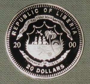 2000 LIBERIA $20 PROOF SILVER COIN 6423 ASW D29  