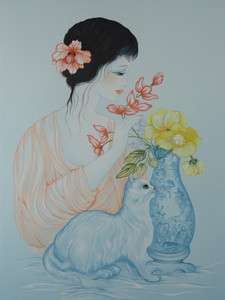 MARA TRAN LONG Original Lithograph Girl with Blue Cat Hand Signed 
