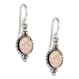   Silver Oval Synthetic Pink Opal Earrings on Shepherd Hooks. Jewelry