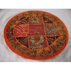   Orange Sequin Patchwork Indian Sari Round Pillow 16