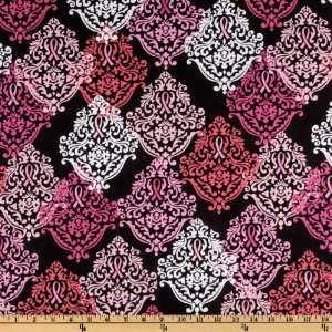  44 Wide Pink Ribbons Flourish Pink/Black Fabric By The 