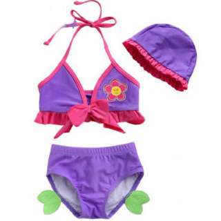 Baby Girls Purple 3 Pcs Pink Flower Bow Bikini Swimsuit w/Cap 1 6 