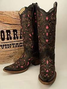  Corral Boots A1953 Black Cognac with Pink Goat Overlay 