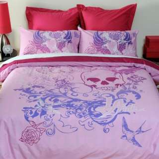 LA INK Pink/Lilac Skull/Birds DOUBLE Quilt Cover Set  