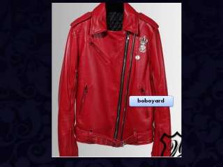   men red leather jacket biker brown balmain brooch moto cross  