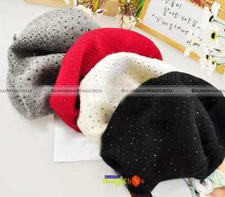   Soft Bling Rhinestone Warm Wool Blend Baret Hat Cap WHAT026  