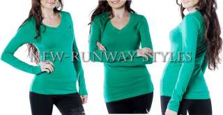 BASIC GREEN LONG SLEEVE V NECK FITTED CLEAVAGE CAREER CASUAL SHIRT TOP 