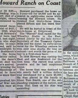 SEABISCUIT DEATH Thoroughbred Racehorse 1947 Newspaper  