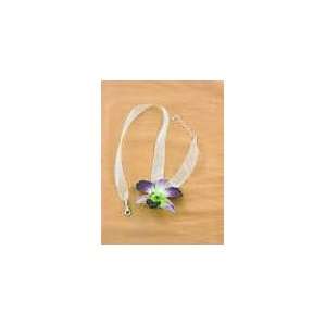    REAL FLOWER Orchid with Ribbon Purple Green & Chain Jewelry
