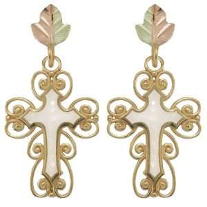    Black Hills Gold 10K White Mother of Pearl Cross Earrings Jewelry