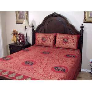Cotton Red Mandala Bedding Jaipur Gold Block Print 3P Bedroom Linens 