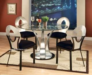 Metal Silver Round Glass Top Dining Table and Chair Set Modern 