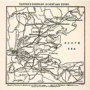 1893 Lithograph Map English Civil War Kent Essex Sir Thomas Fairfax 