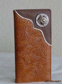 MENS MEN WESTERN TAN TOOLED SILVER TEXAS STAR CONCHO CHECKBOOK RODEO 
