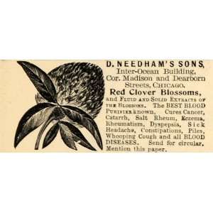 1895 Ad D. Needhams Red Clover Blossoms Blood Health   Original Print 