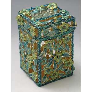 Jeweled Tzedakah Box with Blue and Green Flowers and Pink stones ; by 