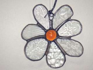   Glass Art Stained Glass Clear Textures Amber Stone Flower Ornament NIB