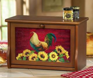 Country Rooster & Sunflowers Décor Wooden Kitchen Bread Box  