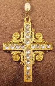 Vtg Swirled White Glass Rosary Bead Rhinestone Cross Necklace  