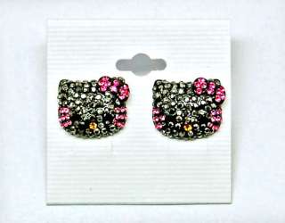 New  hello kitty black face pink crystal bow tie convex stud earring 