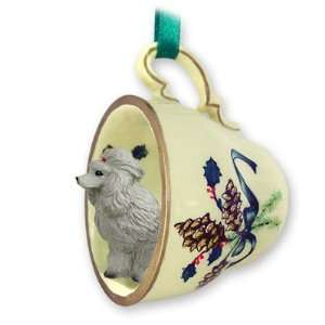  Poodle Green Holiday Tea Cup Dog Ornament   Gray