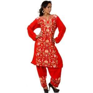 Red Two Piece Kashmiri Salwar Kameez with Floral Embroidery by Hand 