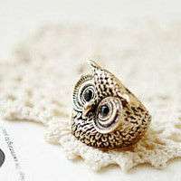 Black Eyes Owl Head Finger Ring Size 6.5   2 Colors Options  