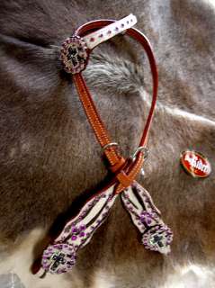 HORSE BRIDLE WESTERN LEATHER HEADSTALL TACK PURPLE TACK BLING CROSS 