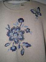ALFRED DUNNER Sweater Sz 1X Tan Blue Embroidered Flowers Short Sleeves 