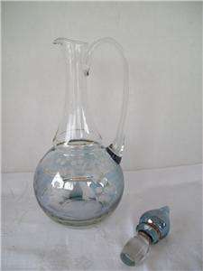   Wine Decanter Carafe Etched Glass Blue Tint Gold Stopper Mint  