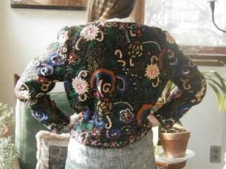 Vintage Flower Beaded Silk Jacket Made in India  
