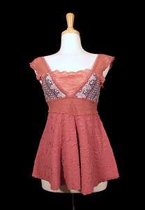 Free People Mystic Glow Tank Top Size Small Mauve Lace Empire Waist 