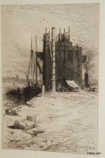 Robert Swain Gifford etching 1879 Schooner at a dock  