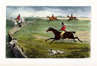 FOX HUNTING HORSES AND FOX HOUNDS JUMPING STONE WALL, ANTIQUE SPORTING 