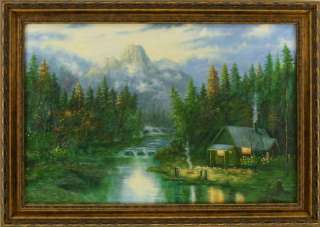 Cabin in the Woods Mountains Stream FRAMED OIL PAINTING  