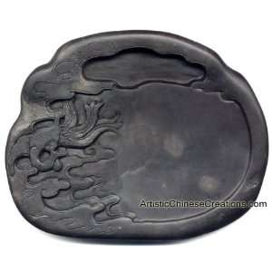    Carved Chinese Duan Ink Stone in Silk Box   Phoenix