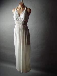 Ivory Classic Grecian Goddess Smocked Empire Waist Jersey Knit Long 